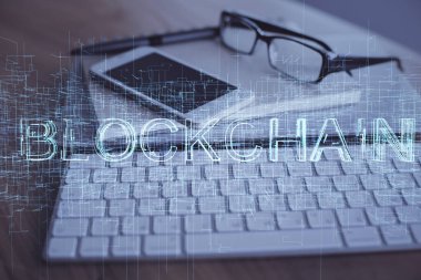 Blockchain temalı çizim ve cep telefonu arkaplanının çifte pozu. Şifreleme pazarı kavramı