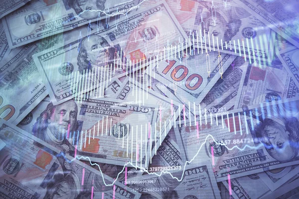 Dubbele belichting van forex grafiek tekening over ons dollar biljet achtergrond. Begrip financiële markten. — Stockfoto