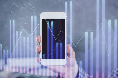 Erkeklerin el ele tutuşup dijital bir cihaz ve ön grafik çizimi kullanırken çift pozlama. Finansal piyasa kavramı.