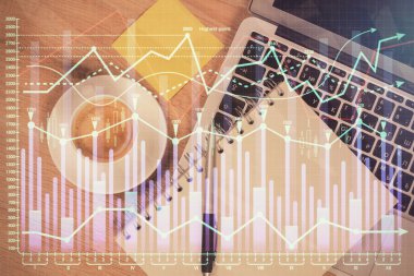 Bilgisayarla ön plan arkaplanını çizerken çift pozlama. Finansal araştırma ve analiz kavramı. Üst görünüm.