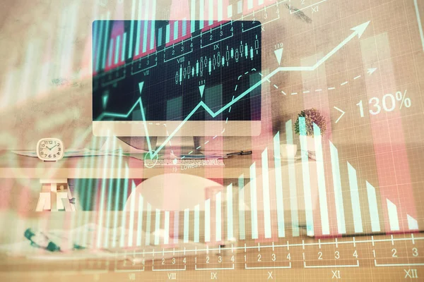 Багаторазова експозиція малювання фінансових графів та внутрішнього фону офісу. Концепція аналізу ринку . — стокове фото