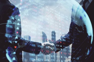 İki kişinin iş temalı hologramı ve el sıkışması. Başarı konsepti.