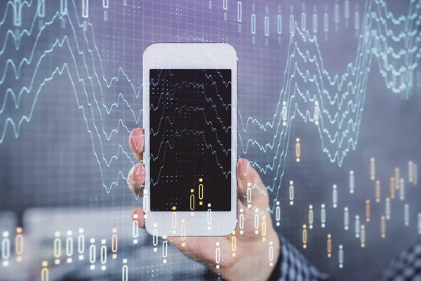 Erkeklerin el ele tutuşup dijital bir cihaz ve ön grafik çizimi kullanırken çift pozlama. Finansal piyasa kavramı.