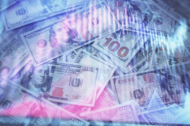 Önx grafiğinin arka plandaki dolarları iki katına çıkarması. Finans piyasası kavramı.