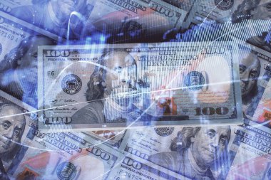 Forx grafiğinin çok sayıda görüntüsü bize dolar banknotları arka planında görünüyor. Finansal başarı piyasası kavramı.