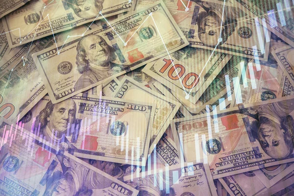 Multi expozice forex graf kreslení nad námi dolary pozadí bankovek. Koncepce trhů finančního úspěchu. — Stock fotografie