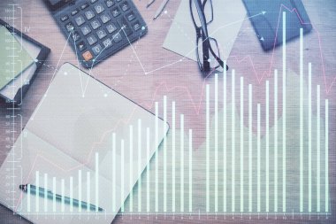 Ön x grafik çizimi ve çalışma masası üst veiw çift pozlama. Mali analiz kavramı.