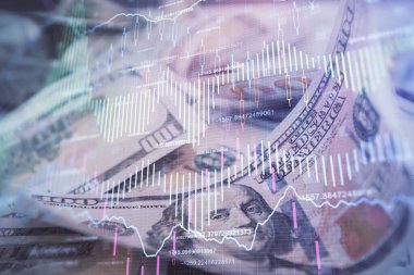 Önx grafiğinin arka plandaki dolarları iki katına çıkarması. Finans piyasası kavramı.