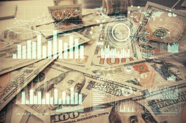 Forx grafiğinin çok sayıda görüntüsü bize dolar banknotları arka planında görünüyor. Finansal başarı piyasası kavramı.