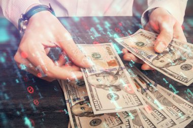 Teknolojinin iki katına çıkması hologram, dolar banknotları ve insan eli. Veri kavramı