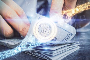 Hologram, Amerikan dolarları ve erkek eli gibi çok sayıda engelleme temasına maruz kalma. İş konsepti.