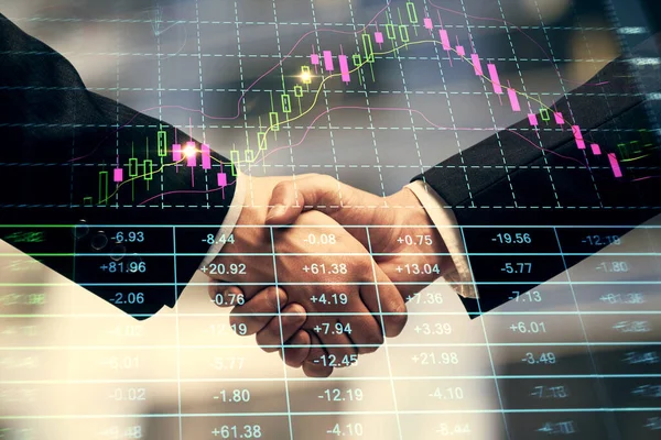 Double exposure of forex graph hologram and handshake of two men. Stock market concept. — Stock Photo, Image