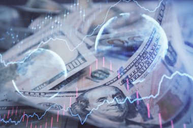 Önx grafiğinin arka plandaki dolarları iki katına çıkarması. Finans piyasası kavramı.