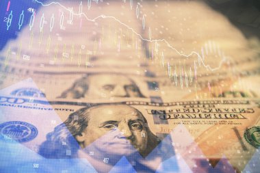 Önx grafiğinin arka plandaki dolarları iki katına çıkarması. Finans piyasası kavramı.