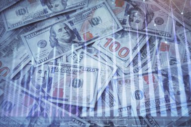 Önx grafiğinin arka plandaki dolarları iki katına çıkarması. Finans piyasası kavramı.