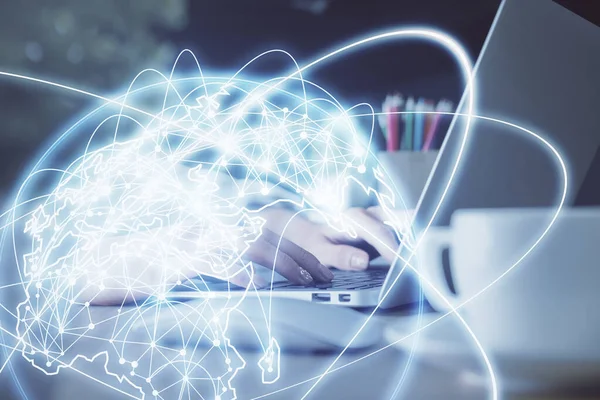 Doble exposición de las manos de la mujer escribiendo en el dibujo del holograma de la computadora y del tema del negocio. Concepto de éxito. — Foto de Stock