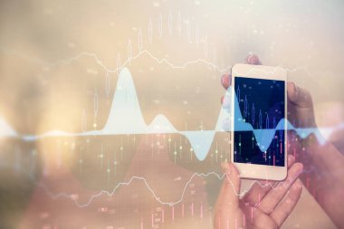 Ön x grafik çizimine çift pozlama hologram ve cep telefonu kullanan bir kadın. Borsa konsepti.