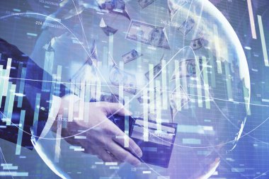 Finansal temaya çok fazla maruz kalma hologram, Amerikan dolarları ve erkek eli. İş konsepti.