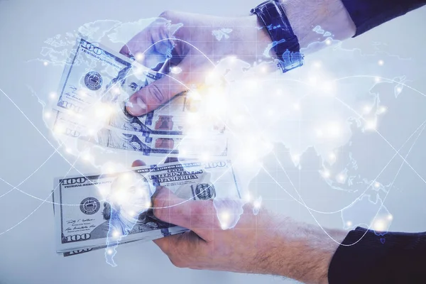 Multi exposure of financial theme drawing hologram and USA dollars bills and man hands. Business concept. — Stock Photo, Image