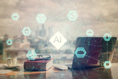 Veri temalı çizimlerin çoklu pozlanması ve açık defter arkaplanı olan masa. Eğitim kavramı