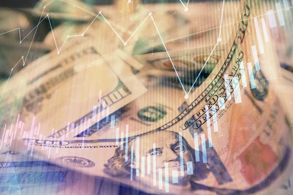Doppia esposizione di grafico forex disegno sopra di noi dollari sfondo fattura. Concetto di mercati finanziari. — Foto Stock