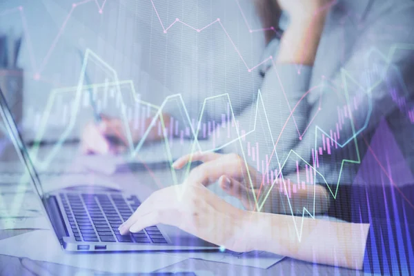 Multi exposure of woman hands typing on computer and financial chart hologram drawing. Stock market analysis concept. — Stock Photo, Image