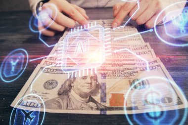 Teknolojinin iki katına çıkması hologram, dolar banknotları ve insan eli. Veri kavramı