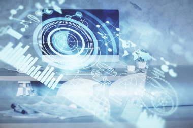 İş teması çizimi ve ofis içi arka planına çifte maruz kalma. Başarı kavramı