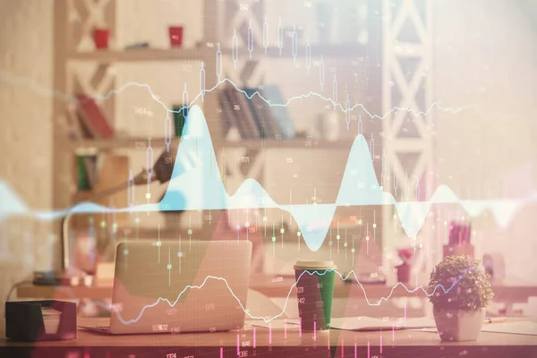 Doble exposición del dibujo gráfico del mercado de valores y fondo interior de la oficina. Concepto de análisis financiero. —  Fotos de Stock