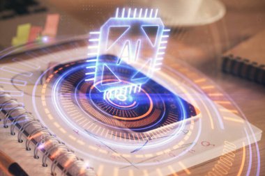 Veri teması çizimi ve cep telefonu arkaplanı çift pozlama. Yenilik kavramı