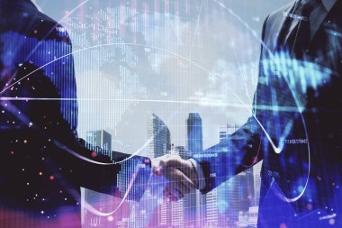 İki kişinin iş temalı hologramı ve el sıkışması. Başarı konsepti.