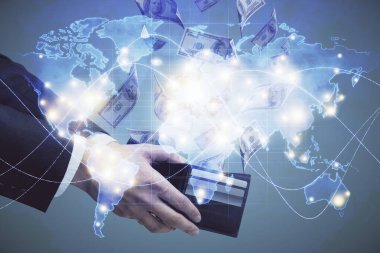 Finansal temaya çok fazla maruz kalma hologram, Amerikan dolarları ve erkek eli. İş konsepti.