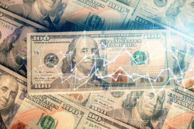 Forx grafiğinin çok sayıda görüntüsü bize dolar banknotları arka planında görünüyor. Finansal başarı piyasası kavramı.