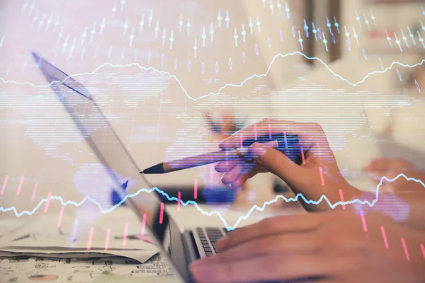 Multi exposure of woman hands typing on computer and financial graph hologram drawing. Stock market analysis concept. — Stock Photo, Image