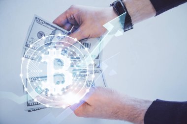 Hologram, Amerikan dolarları ve erkek eli gibi çok sayıda engelleme temasına maruz kalma. İş konsepti.