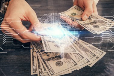 Beynin holograma maruz kalması, bize dolar banknotları ve insan eli çizmesi. Ai yatırım konsepti