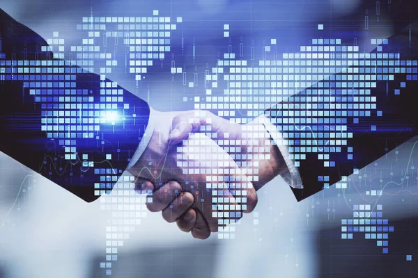 Double exposure of business theme hologram and handshake of two men. Success concept. — Stock Photo, Image