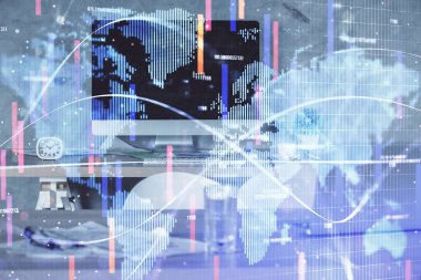 İş teması çizimi ve ofis içi arka planına çifte maruz kalma. Başarı kavramı