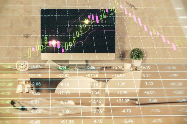 Finansal grafik çizimi ve ofis içi arka planının çoklu pozu. Pazar analizi kavramı.