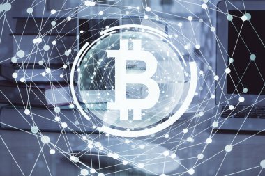 Blockchain temalı çizim ve cep telefonu arkaplanının çifte pozu. Şifreleme pazarı kavramı