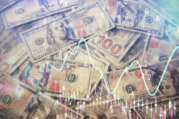 Multi blootstelling van forex grafiek tekenen over ons dollar biljet achtergrond. Begrip financiële succesmarkten. — Stockfoto