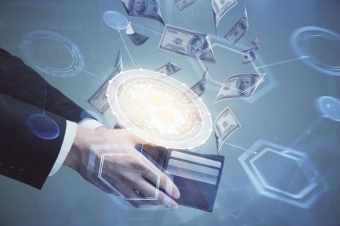 Hologram, Amerikan dolarları ve erkek eli gibi çok sayıda engelleme temasına maruz kalma. İş konsepti.