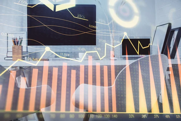 Подвійна експозиція креслення графіку фондового ринку та внутрішнього фону офісу. Концепція фінансового аналізу . — стокове фото