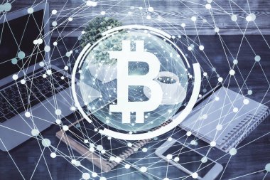 Blockchain temalı çizim ve cep telefonu arkaplanının çifte pozu. Şifreleme pazarı kavramı