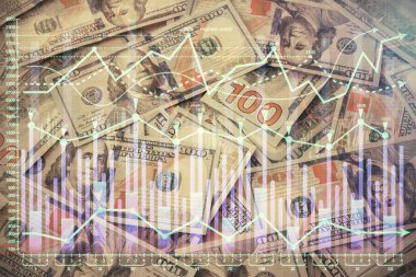 Forx grafiğinin çok sayıda görüntüsü bize dolar banknotları arka planında görünüyor. Finansal başarı piyasası kavramı.