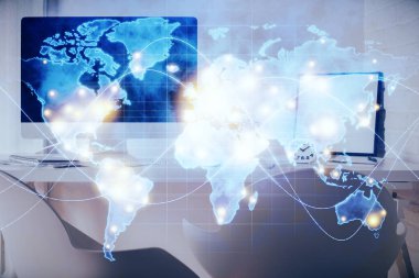 İş teması çizimi ve ofis içi arka planına çifte maruz kalma. Başarı kavramı