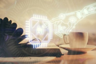 Teknoloji temalı çizimlere ve masaüstüne kahve ve masa arkasında eşyalar ile çifte pozlama. Veri araştırması kavramı.