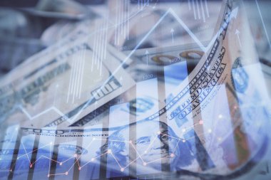 Önx grafiğinin arka plandaki dolarları iki katına çıkarması. Finans piyasası kavramı.