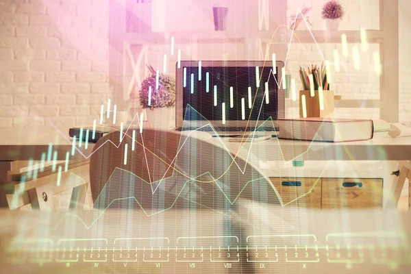 Dubbele belichting van financiële grafiek tekening en kantoor interieur achtergrond. Het begrip aandelenmarkt. — Stockfoto