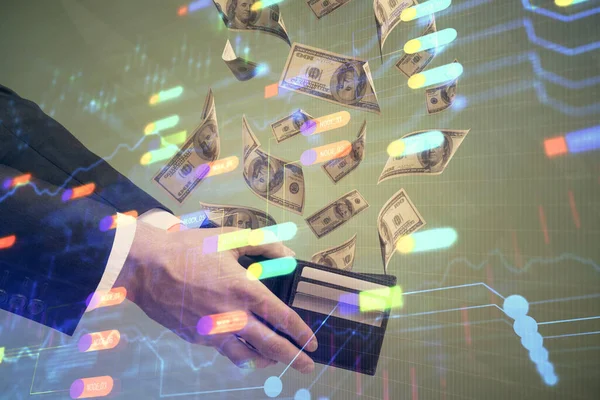 Multi blootstelling van technologie tekenen hologram en ons dollars biljetten en mannenhanden. Gegevensconcept — Stockfoto